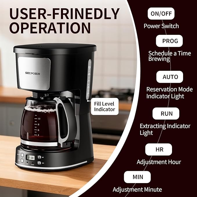 12-Cup Drip Coffee Maker with Reusable Filter,Programmable Clock,Auto Brew,Water Window,Keep Hot Plate,Glass Carafe,Compact Design for Kitchen,Office,Silver and Black,Stainless Steel