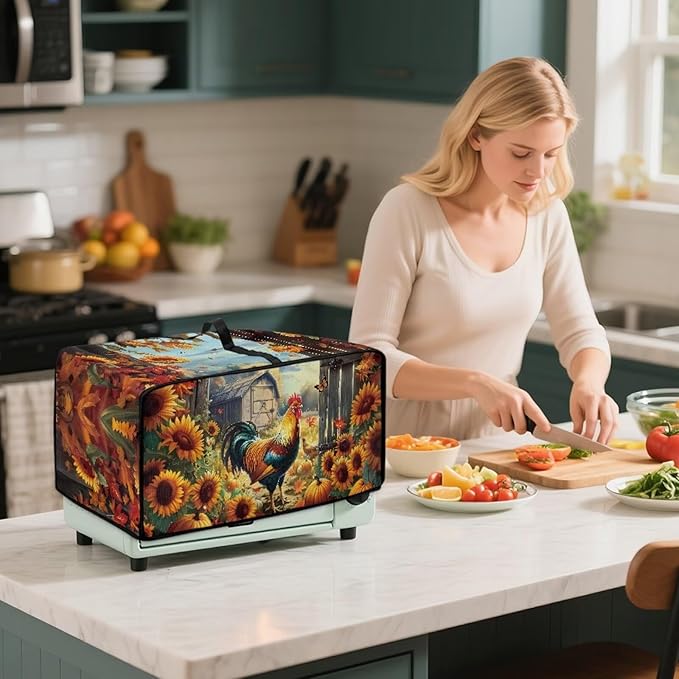 Toaster Oven Dust Cover Dustproof Smart Oven Air Fryer Microwave Cover with Pockets, Electric Appliance Protector Fall Home Decor, L, Chicken Rooster Sunflower Pumpkin Butterfly