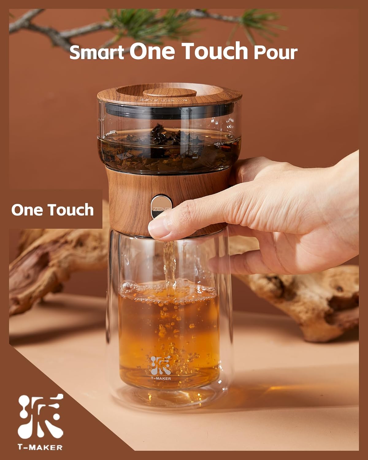 ZENS Modern Glass Infuser Teapot, One Touch Tea Maker for Loose Leaf Tea with Insulated Mug and Portable Case. Enchanted Pot Alternatives for Tea Lover Gifts
