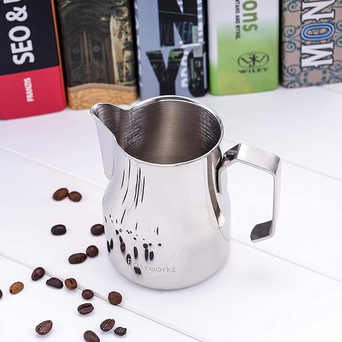 Easyworkz Espresso Steaming Pitcher Stainless Steel 15 oz Latte Art Cup, Bundled with Easyworkz Retro Stainless Steel Coffee Spoon with Black Walnut Handle,10g - Measuring Spoon