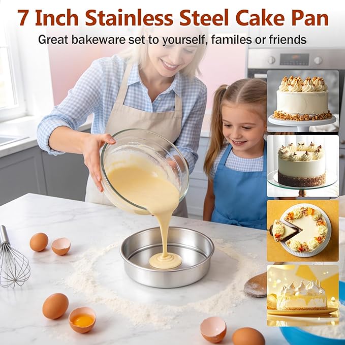 P&P CHEF 7 Inch Cake Pan Set of 4, 4 Pieces Round Layer Cake Baking Pans, Stainless Steel Smash Cake Tin Bakeware for Cooking Steaming, Nontoxic & Sturdy, Oven & Dishwasher Safe