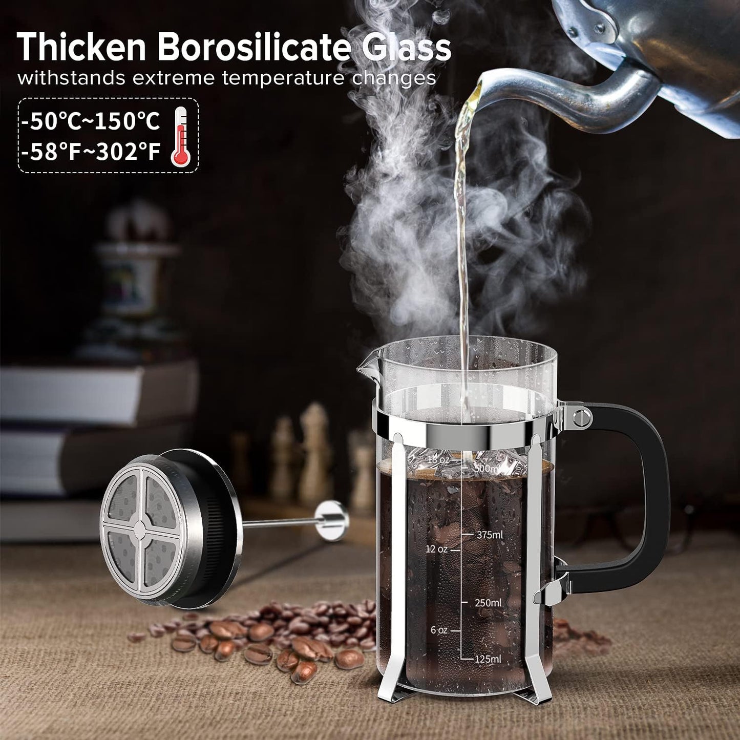 QUQIYSO French Press Coffee Maker 304 Stainless Steel French Press with 4 Filter, Heat Resistant Durable, Easy to Clean, Borosilicate Glass Coffee Press, 100% BPA Free Glass Teapot, 21 ounce, Silver