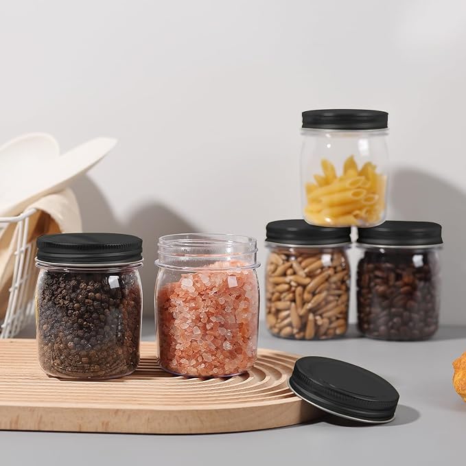 novelinks 8 oz Clear Plastic Jars with Airtight Lids, 16 Pack Plastic Mason Jars with Lids 8oz, Refillable Storage Slime Containers & Small Spice Jar for Kitchen Organization (16 Pack,Black)