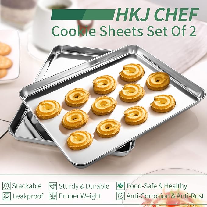 Baking Sheets Set of 2, HKJ Chef Cookie Sheets 2 Pieces & Stainless Steel Baking Pans & Toaster Oven Tray Pans, Rectangle Size 12.5Lx10Wx1H inch & Non Toxic & Healthy & Easy Clean