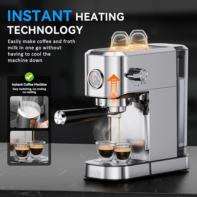 XIXUBX 20Bar Espresso Machine, Compact Espresso Maker with Milk Frother, Stainless Steel Coffee Machine for Cappuccino&Latte, 42oz Water Tank, Visible Pressure Gauge, Home&Office, Silver
