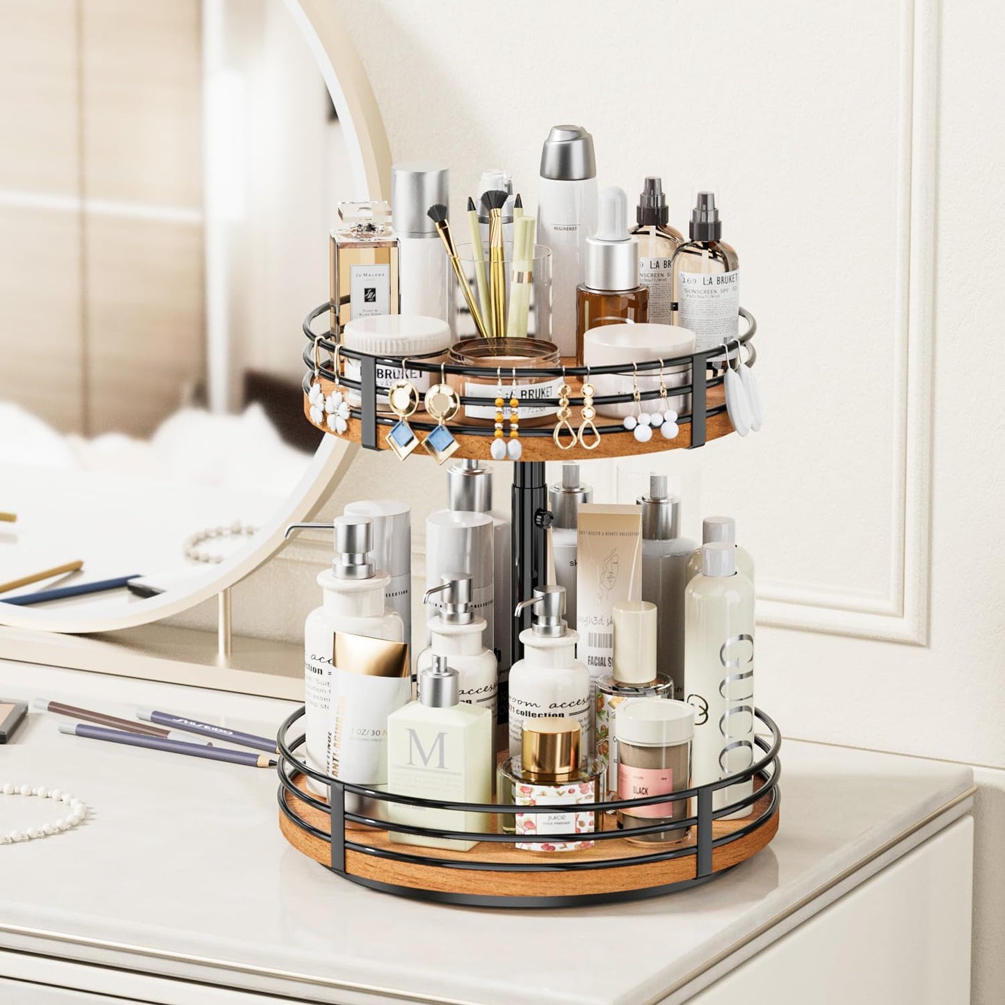 Lazy Susan Turntable Organizer Adjustable - 2 Tier Wood Rotating Spice Rack 12 Inch Lazy Susan for Kitchen Countertop Cabinet Pantry Cupboard Dining Table Bathroom Coffee Bar Home Storage