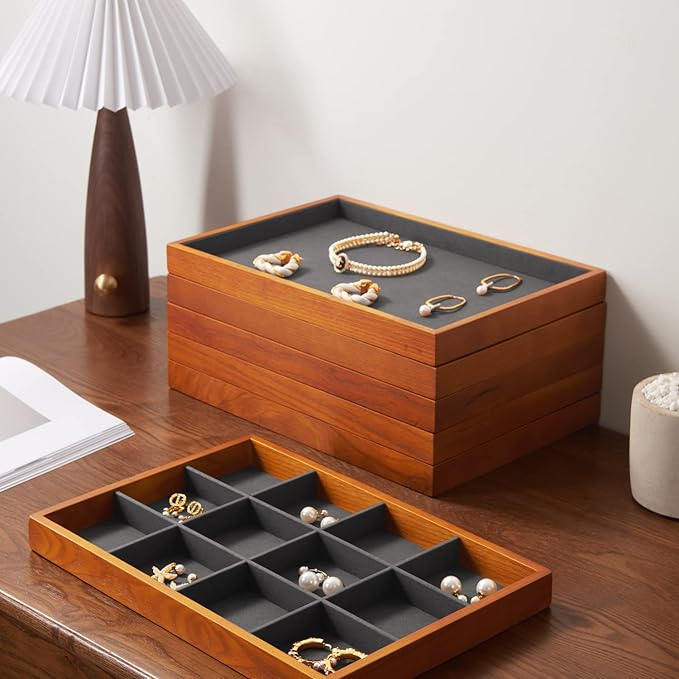 Oirlv 12 Grids Wood Jewelry Organizer Tray Stackable Jewelry Drawer Tray Bracelet/Watch Showcase Display Storage(Grey)