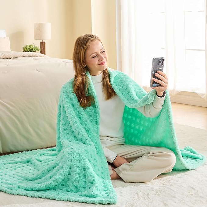 NEWCOSPLAY Super Soft Queen Blanket Aqua Premium Silky Flannel Fleece 3D Waffle Checkered Lightweight Bed Blanket All Season Use (Aqua, Queen(90"x90"))
