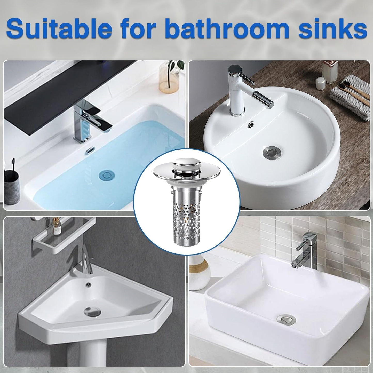 Sink Stopper Hair Catcher, Pop-up Sink Drain Strainer with Removable Stainless Steel Strainer Basket Hair Catcher, Bathroom Sink Strainer for Bathroom Sink Stopper Replacement (New-2PCS)