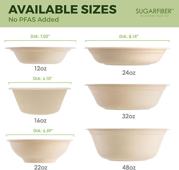 [50 COUNT]Harvest Pack PFAS FREE 32oz Round Paper Bowls, Compostable Heavy-Duty Eco-Friendly Disposable Bagasse Large Soup Bowls, sugarcane made for Meal Prep Takeout Dinnerware, Microwave Safe
