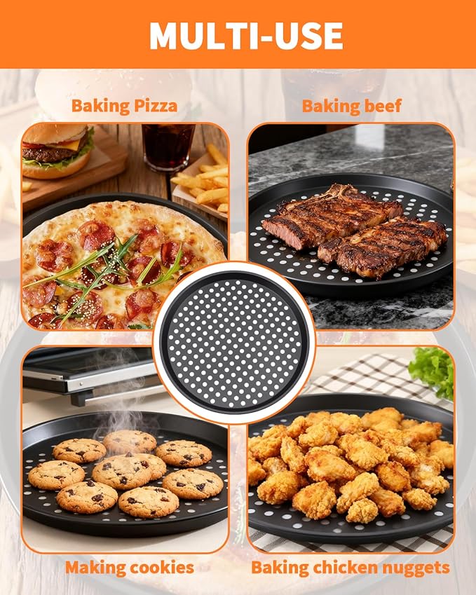 2 PCS 12-Inch Nonstick Pizza Pan with Holes, Perforated Carbon Steel Pizza Tray for Oven, Round Bakeware Pizza Tray for Home Restaurant Kitchen Baking