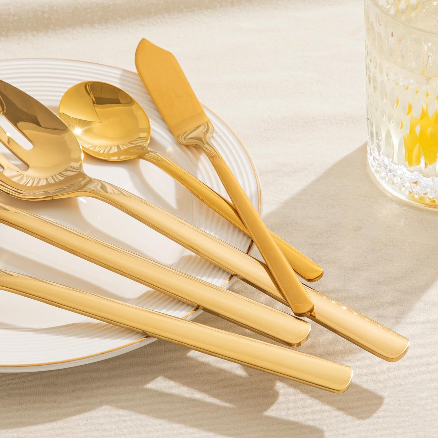 KINGSTONE Large Hostess Serving Utensils Sets,18/10 Stainless Steel Heavy Duty 10inch Serving Spoons,Slotted Spoons,Serving Fork,Serving Tongs, Cake Pie Server For Buffet, Wedding, Party, Gold