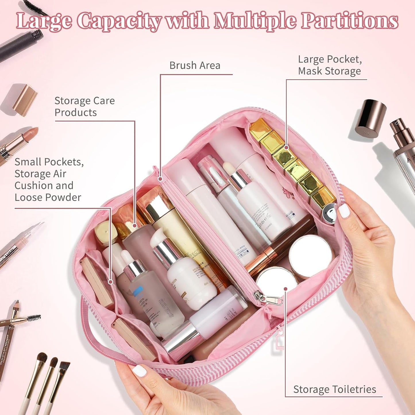 Travel Makeup Bag for Women, 2Pcs Portable Personalized Initial Makeup Organizer Bag, Open Flat Large Cosmetic Bag With Travel Essential Pouch (Pink Letter F)