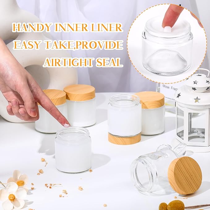 Norme 12 Pcs 4oz Glass Jars with Lids Empty Small Glass Containers and Inner Liners Reusable Cosmetic Jars Round Airtight Bottles with Plastic Wood Grain Lids for Travel