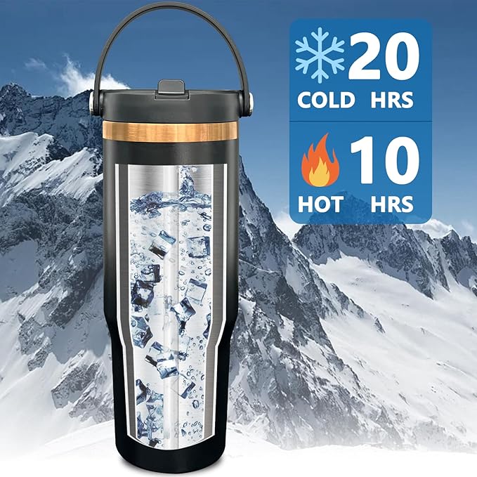30 oz Tumbler Bulk with Handle and Straw, Vacuum Insulated Tumblers with Flip Straw and Top Handle, Leakproof Powder Coated Tumbler, Stainless Steel Travel Mug for Coffee Water (Black, 8 Pack)