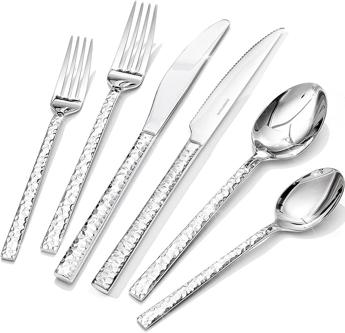 KINGSTONE 36 Piece Silverware Set with Steak Knives, Hammered Silverware Set for 6, 18/10 Stainless Steel Flatware, Cutlery Set for Home, Party, Wedding, Mirror Polished Dishwasher Safe