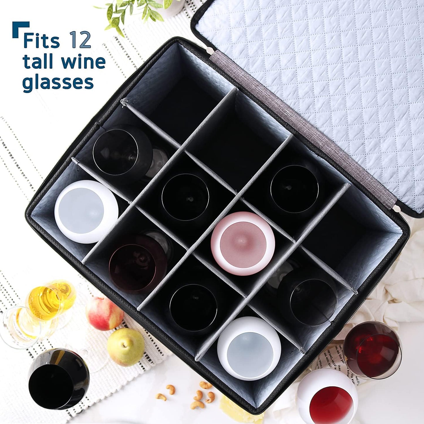 Wine Glass Storage Box with Dividers, 2 Pack Stackable Stemware Storage Cases, Service of 12 Glassware Storage Containers, Quilted China Storage Containers Hard Shell for Moving and Seasonal Storage