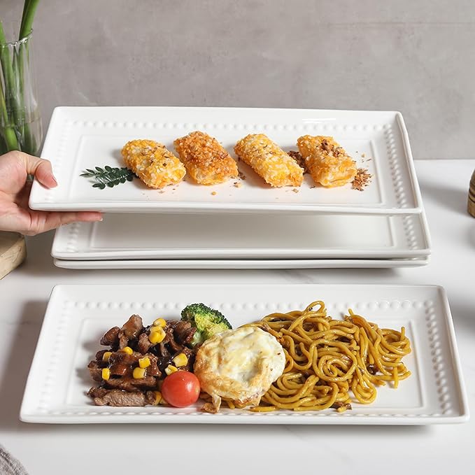 14 inch Ceramic Serving Platter - Rectangular Serving Trays Set of 4, Large Embossed Plates, Porcelain White Platters for Steak, Appetizer, Dessert, Tacos, Housewarming, Oven Dishwasher Safe