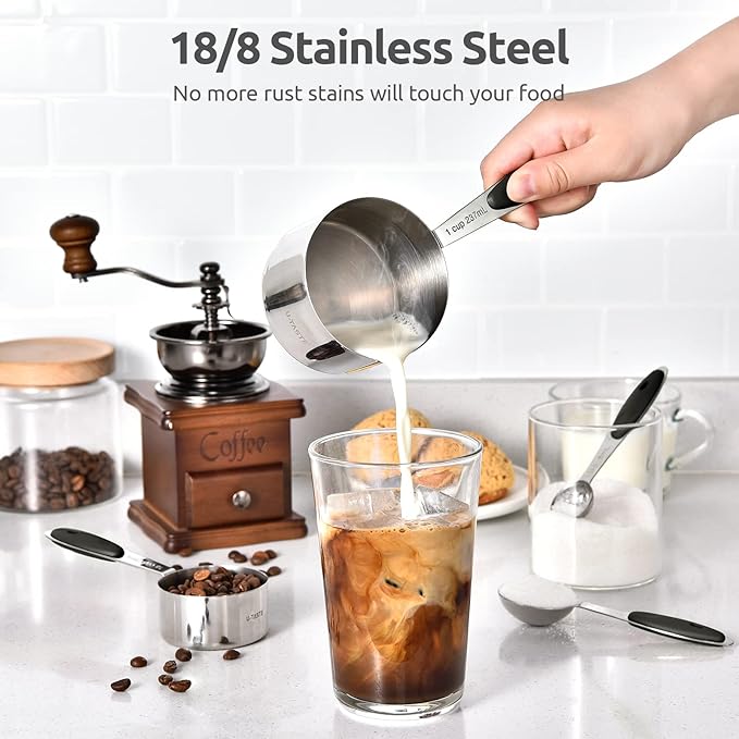 Measuring Cups and Spoons Set: U-Taste 18/8 Stainless Steel 10 Pieces Metal Stacking Kitchen Baking Cooking Food Measure Set 5 Cups 5 Spoons with Strengthened Weld Joints (Black, Upgraded Version)