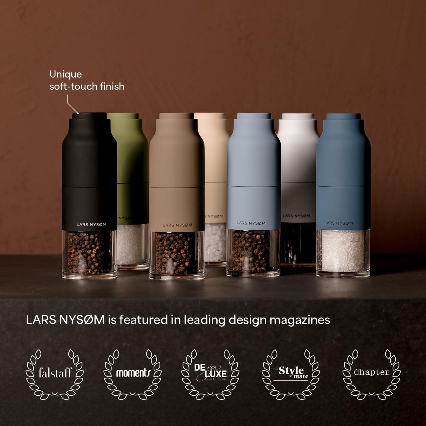 LARS NYSØM Salt and Pepper Grinder Set, Stainless Steel Manual Salt and Pepper Mills, Adjustable Ceramic Grinder, Design Spice Shakers (Red/Beige)
