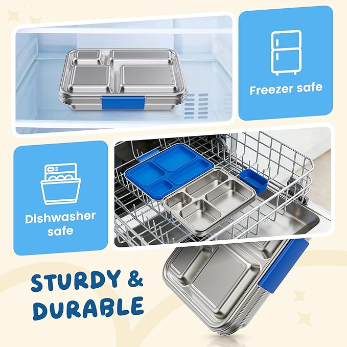 Stainless Steel Bento Box, 4-Compartment Metal Lunch Box with Removable Silicone, Lunch Container for Kids & Adults with Silicone Inner Container, School, Office, Dishwasher Safe(Blue)