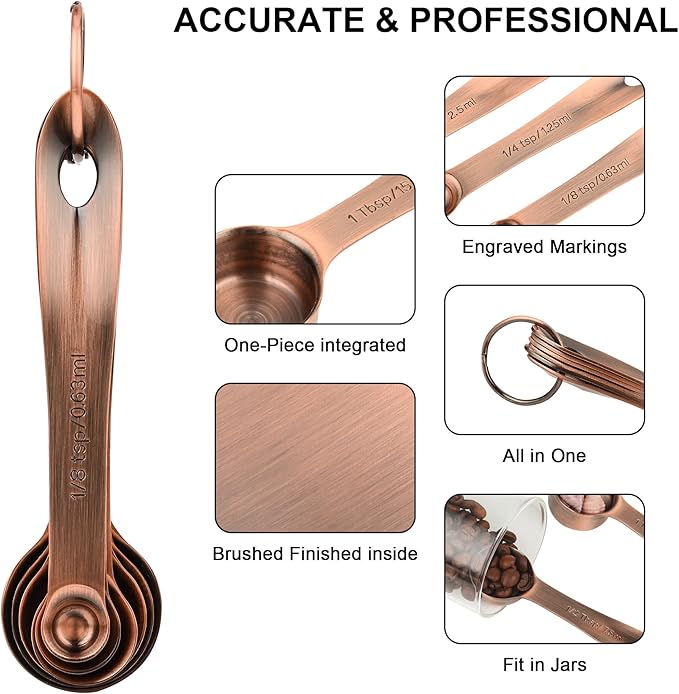 Copper Measuring Spoons Set with Flat Bottom for Kitchen & Baking, Stainless Steel Measuring Spoons Set for Dry & Liquid, Metal Measuring Tools Set with Engraved US & Metri Markings