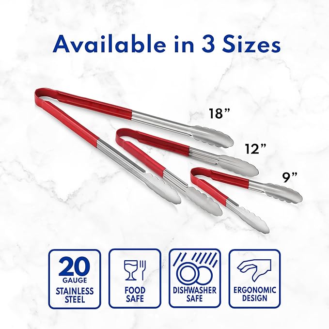New Star Foodservice 35827 16-Inch Utility Spring Tongs, Stainless Steel, Vinyl Coated, Set of 12, Red