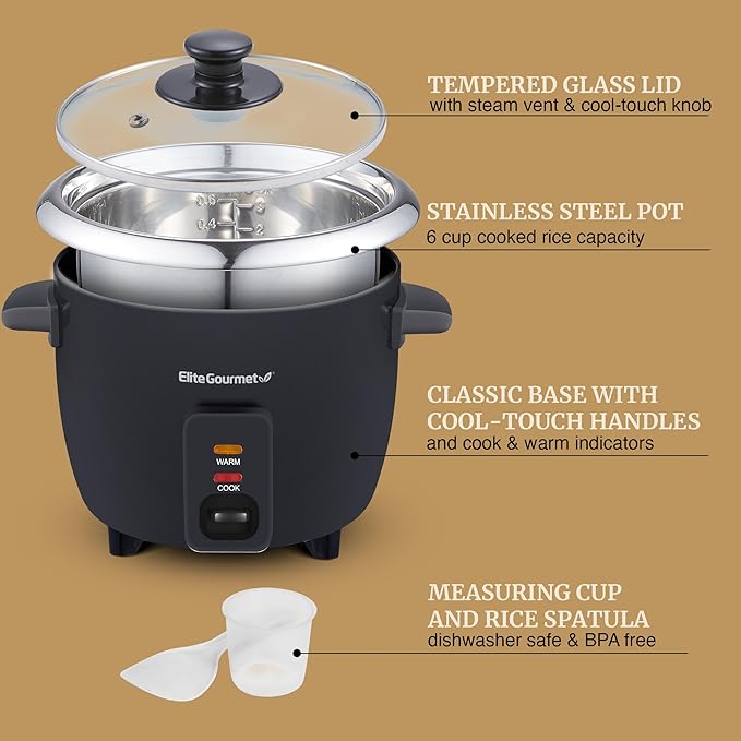 Elite Gourmet ERC006SS 6-Cup Electric Rice Cooker with Stainless Steel Inner Pot, Makes Soups, Stews, Porridges, Grains and Cereals, 6 cup (3 cups uncooked), Black