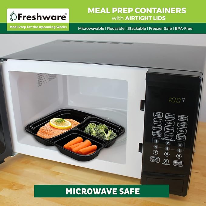 Freshware Meal Prep Containers [25 Pack] 3 Compartment with Lids, Food Storage Containers, Bento Box, Stackable, Microwave/Dishwasher Safe (32 oz)