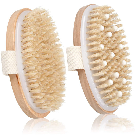 2 Pack Dry Brushing Body Brush, Natural Bristle Exfoliating Brush with Massage Nodes, for Lymphatic Drainage and Improving Skin Health and Reduces Acne