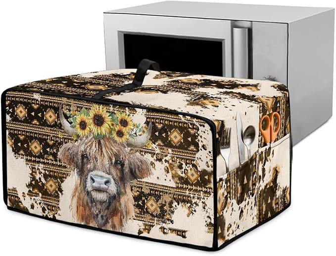 Convection Toaster Oven Cover with Pockets, Easy to Clean, Smart Microwave Baking Oven Dust Cover for Countertop, M, Aztec Highland Cow Sunflower Tribal Pattern