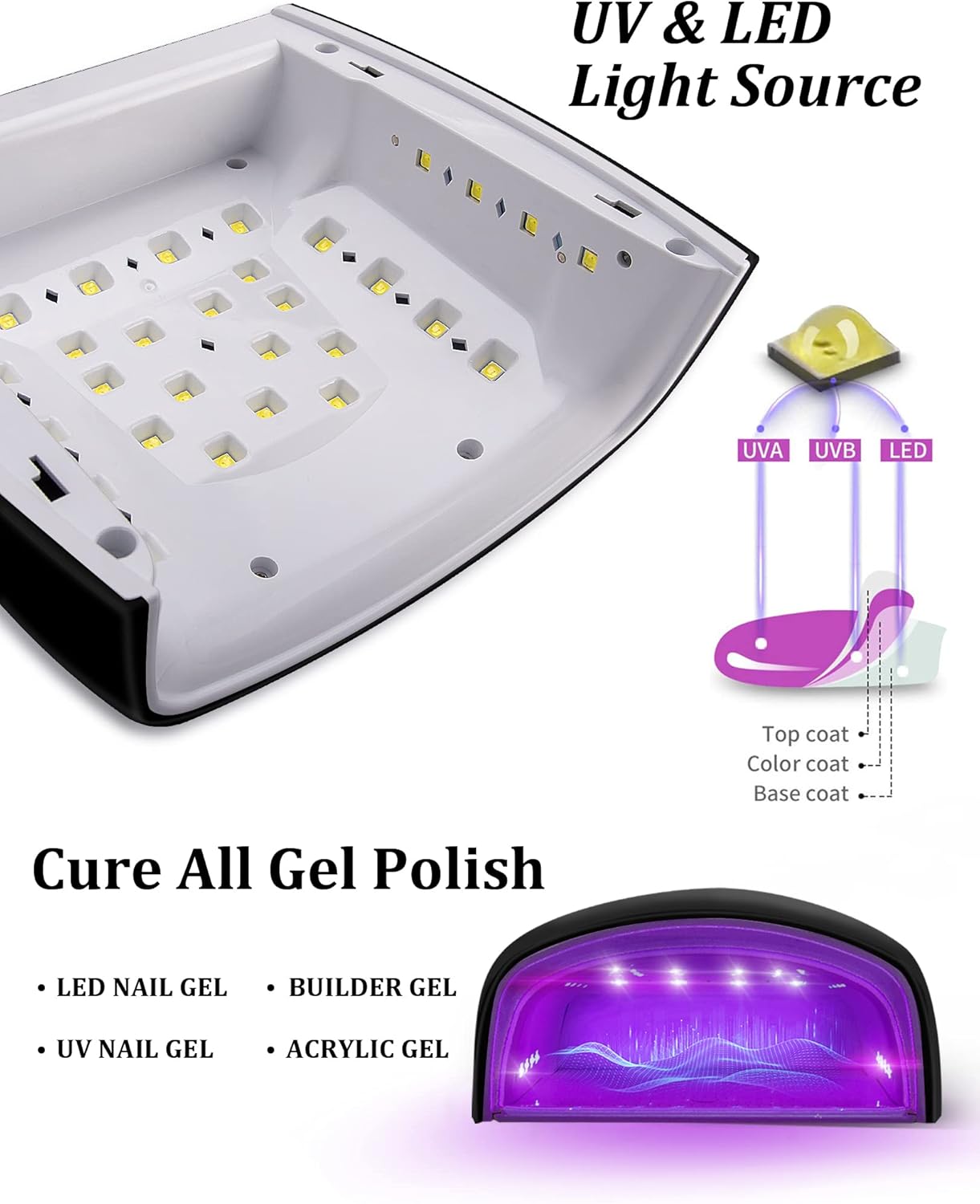 UV LED Nail Lamp, Cordless Gel Polish Dryer for Professional Gel Manicures - Black