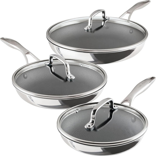 Circulon C1 Series Clad Stainless Steel with ScratchDefense Technology Cookware Nonstick Induction Frying Pans/Skillets with Lids, Metal Utensil Safe, 6 Piece Set - Polished Stainless Steel