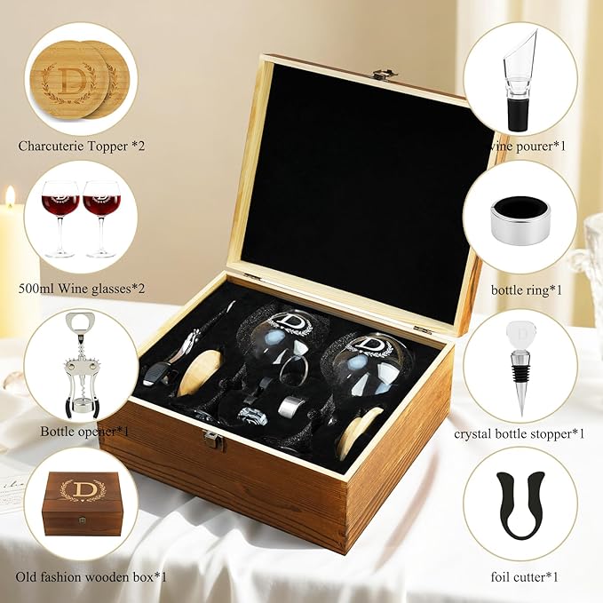GZLDGIFTS Personalized Initial Wine Glasses Box Gift Set For Women Mom Engraved Birthday Monogrammed Wooden Christmas Gifts Wedding Anniversary Wine Couples Stopper Opener Initial Letterr (E Set)