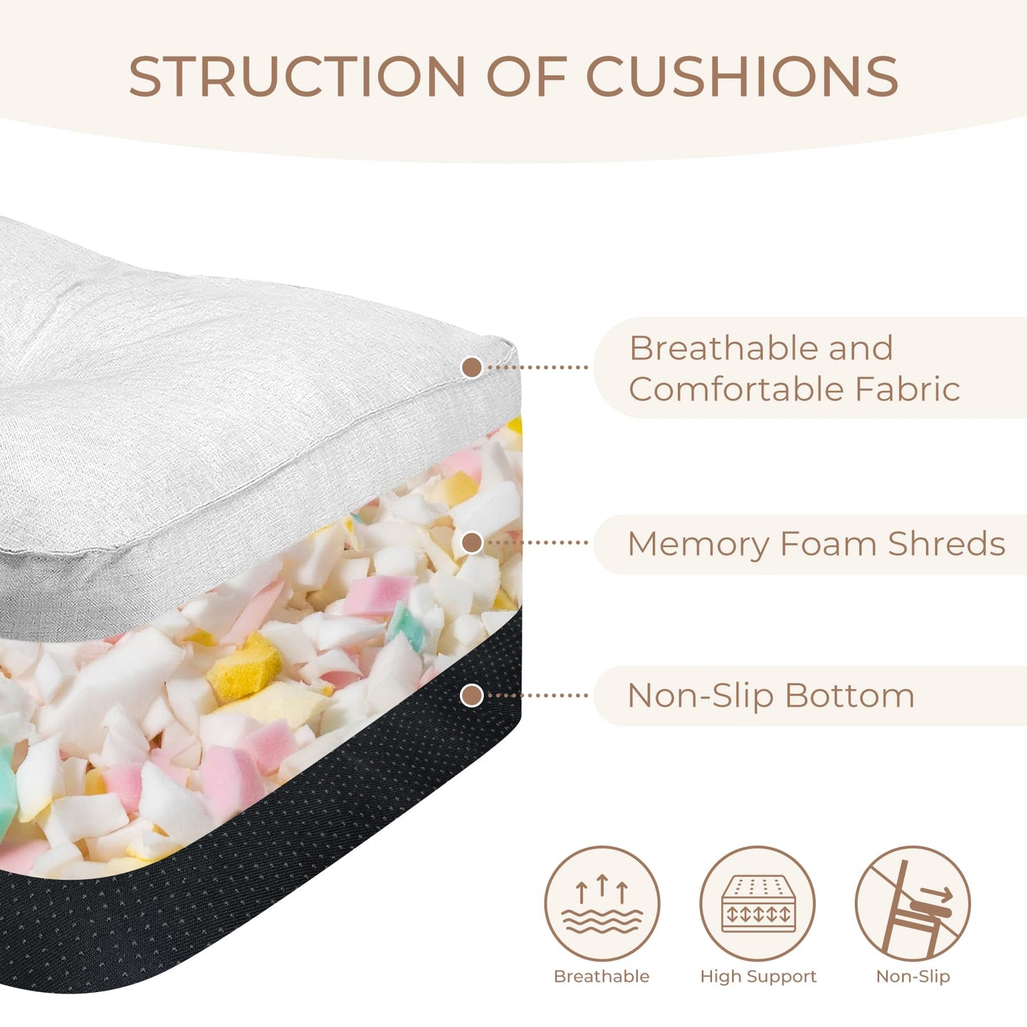 COOLBEBE Chair Cushions for Dining Chairs 4 Pack, Kitchen Chair Cushions, Chair Pads for Dining Chairs with Ties and Non-Slip Backing, Tufted Memory Foam Seat Cushions, 16.5" X 16.5", White