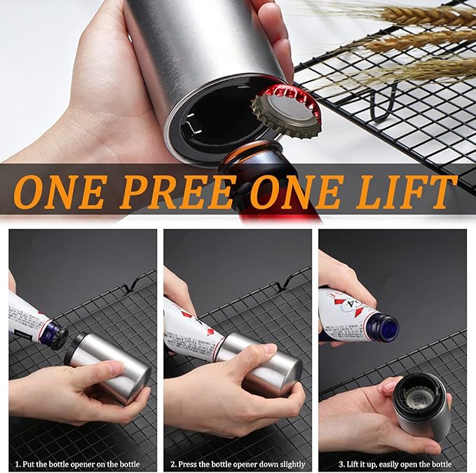 Portable Push Down Magnetic Beer Bottle Openers (8 Packs), No Damage to Caps, Quick to Open, Automatic Stainless Steel Pop the Top Cap Opener for Home Bar Camping and Traveling, Bartender Opening Tool