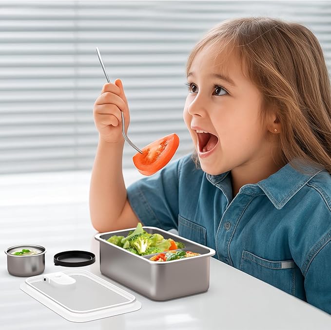 Bakpoco Stainless Steel Bento Lunch Box for Kids, 33oz Leak-Proof Lunch Box Containers, Microwave-Safe, with Adjustable Divider, Convenient Metal Lunchbox for School, Travel