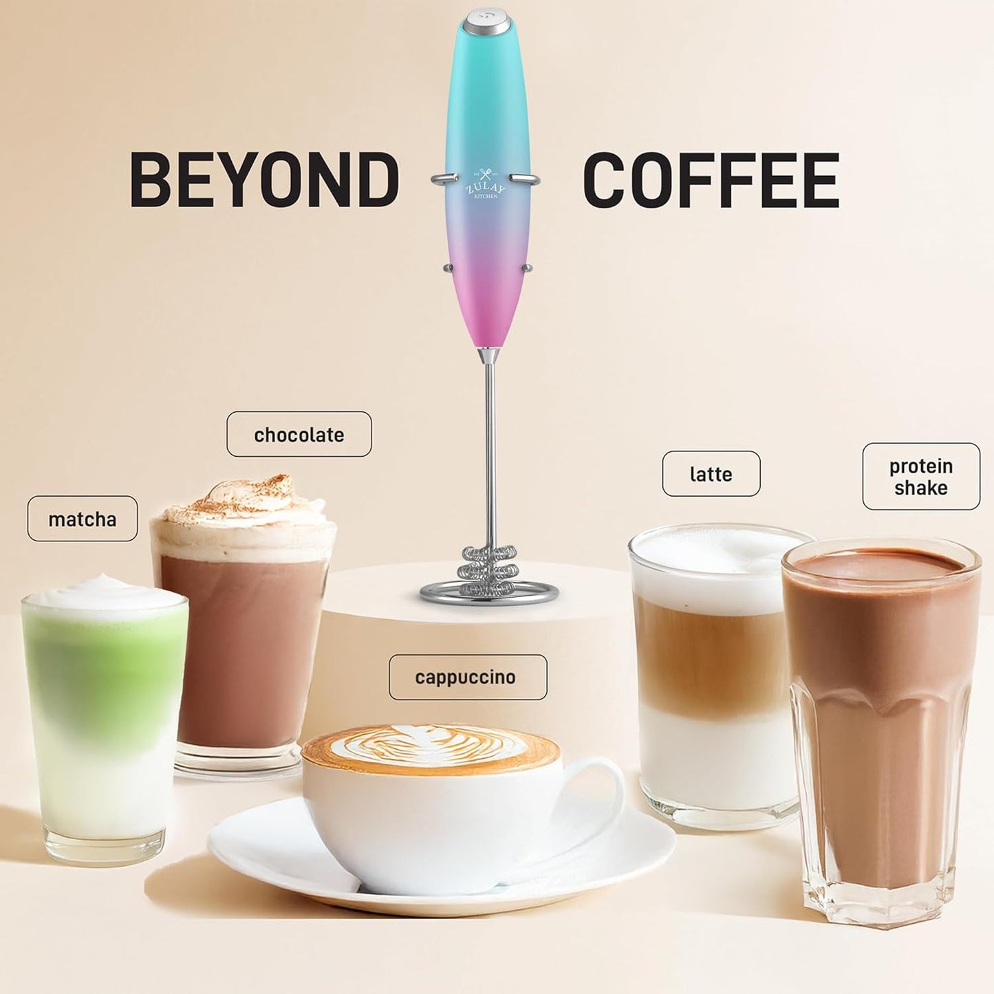 Zulay Kitchen Patented Tornado Triple Whisk Milk Frother with 4 Duracell Batteries – Handheld Foam Maker for Coffee, Lattes, Matcha & Hot Chocolate – Rich, Creamy Froth in Seconds
