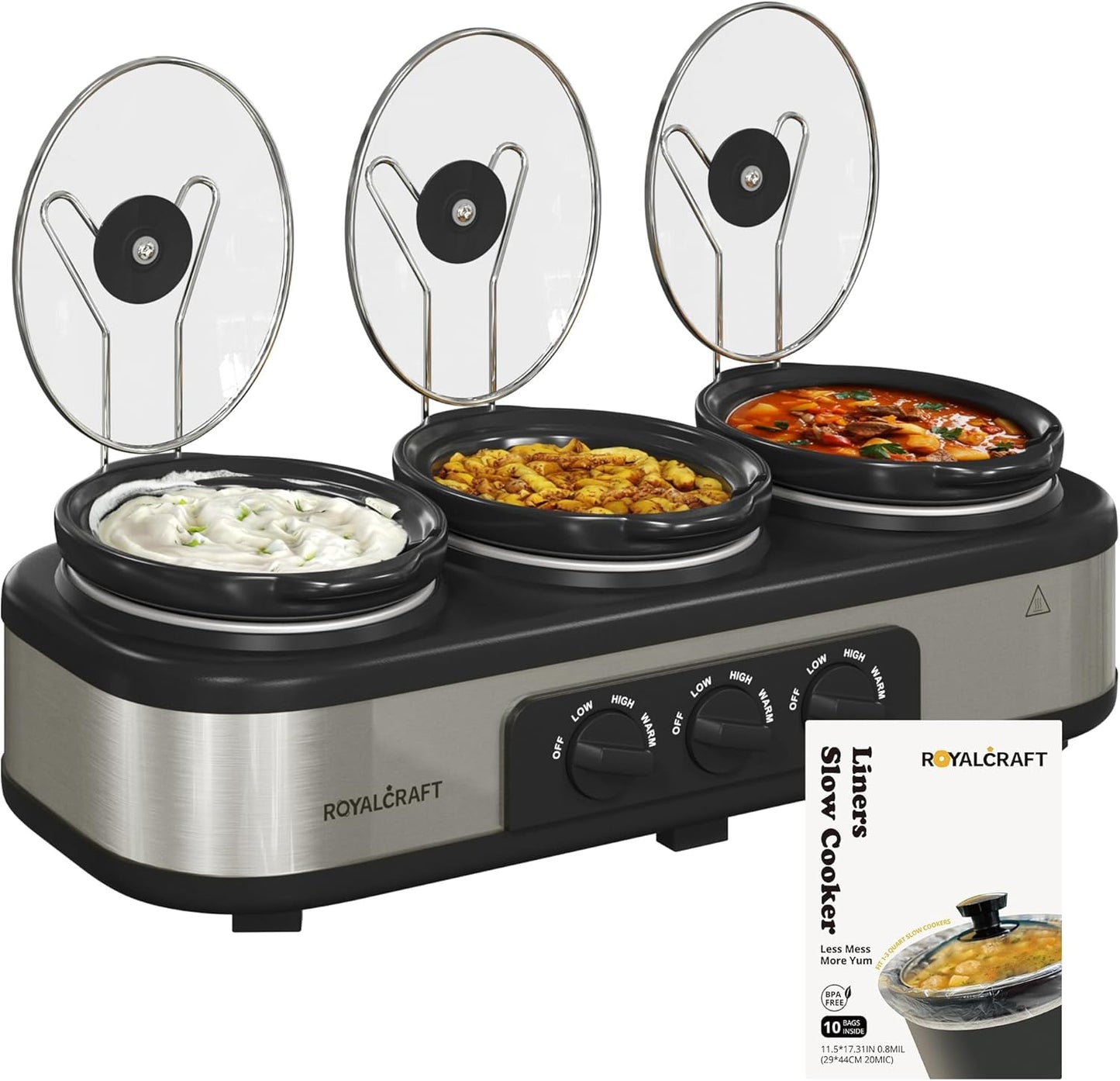 Sunvivi Slow Cooker with 10 Cooking Liners, Triple Slow Cooker Buffet Server 3 Pot Food Warmer for Parties with 3 Spoons ? Lid Rests,Adjustable Temp, 3 * 1.5 Quarts Silver