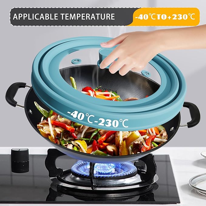 Microwave Splatter Cover, Vented Silicone and Glass Cover Splatter Guard Lid, Food Collapsible Plate Cover Lid with Easy Grip Handle. (Blue, 10.8 inch)