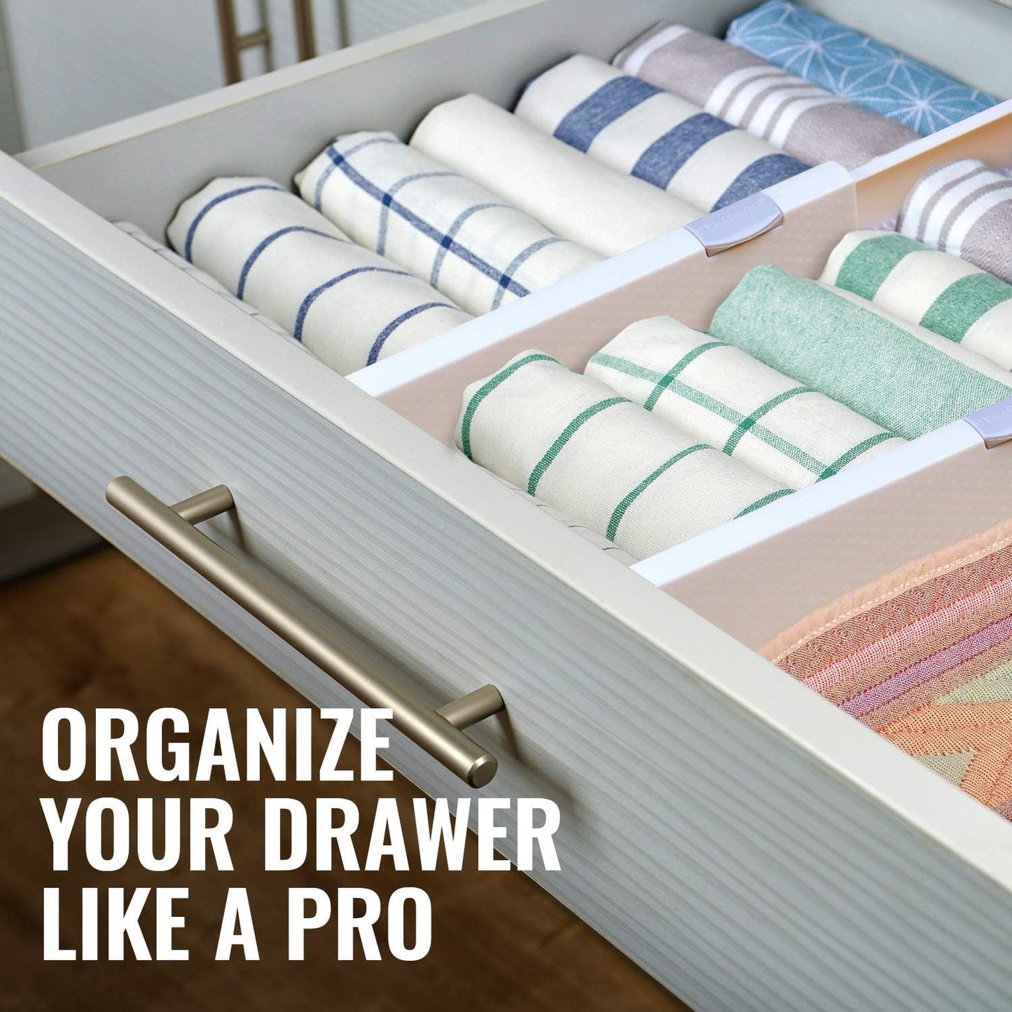 RAPTUROUS Adjustable Deep Drawer Divider – 5" Tall, Expandable 13-22", 10-Pack, Non-Slip Drawer Dividers for Clothes, Dresser, Kitchen & Office Organization (White)