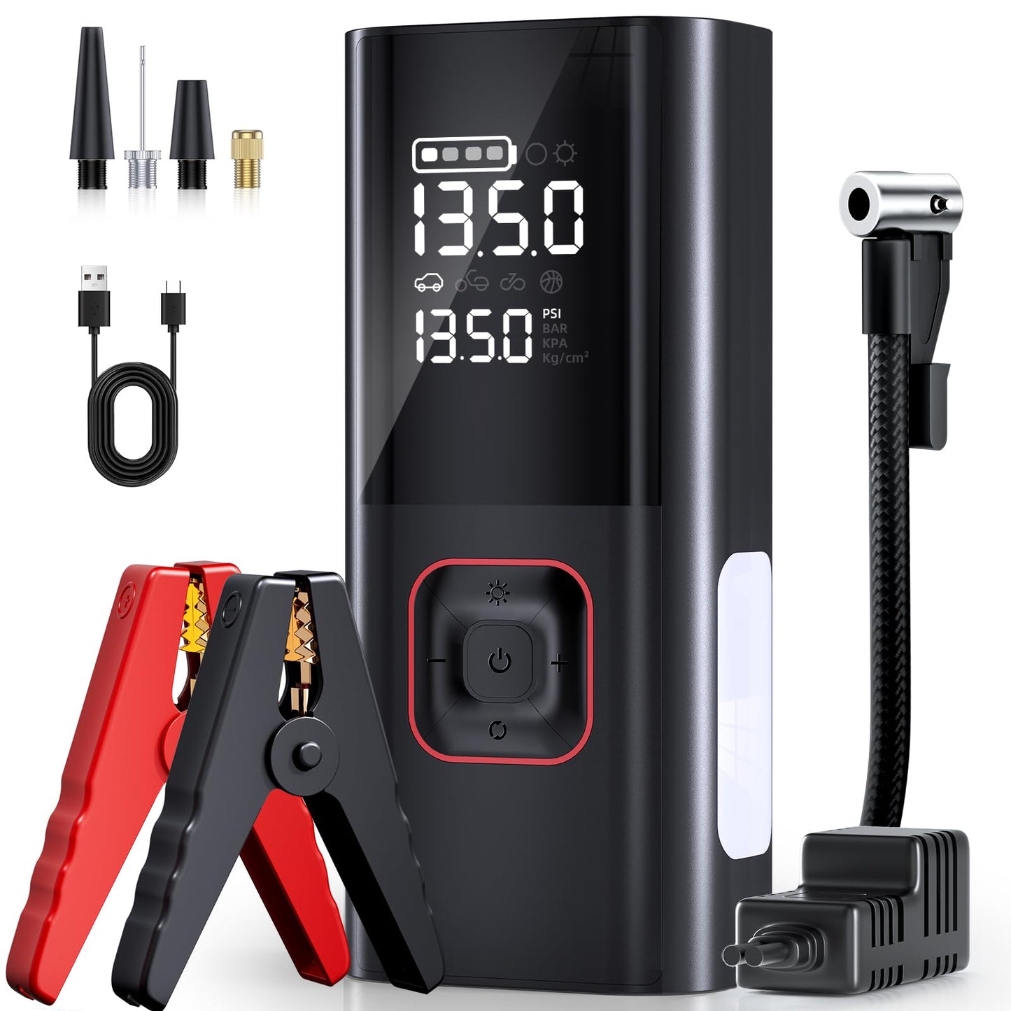 Jump Starter with Air Compressor, 5000A 150PSI Portable Car Battery Jump Starter(9L Gas/8L Diesel), 12V Jump Box Car Battery Jumper Starter Portable with Jumper Cables, LED Light, LCD Display