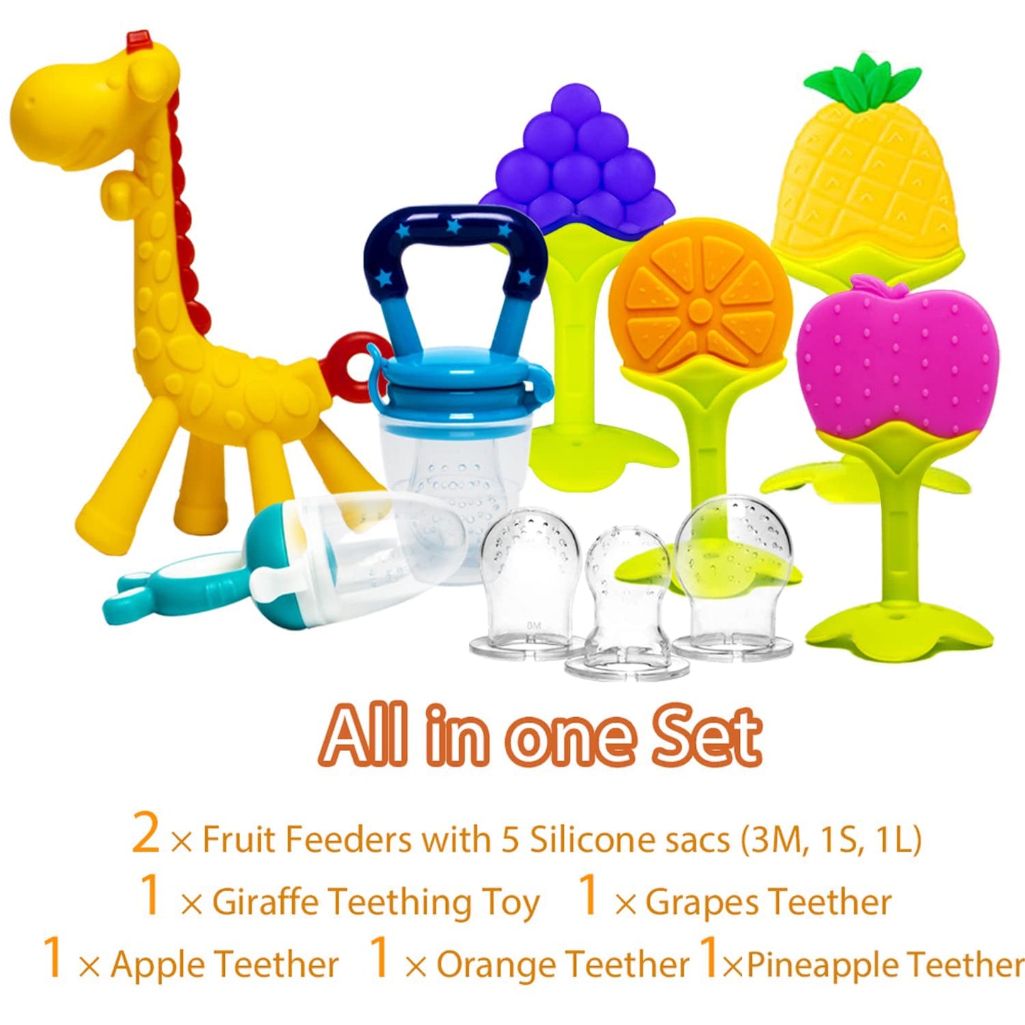 HONGTEYA Teething Toys for Babies 0-6 Months 6-12 Months 6 Pack- 4 Teethers for Babies Baby 2 Fruit Feeders for Newborn Infants BPA Free Natural Organic Freezer Silicone Baby Teethers Set