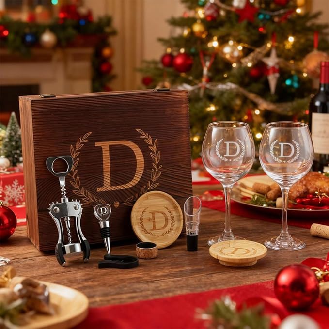 GZLDGIFTS Personalized Initial Wine Glasses Box Gift Set For Women Mom Engraved Birthday Monogrammed Wooden Christmas Gifts Wedding Anniversary Wine Couples Stopper Opener Initial Letterr (N Set)