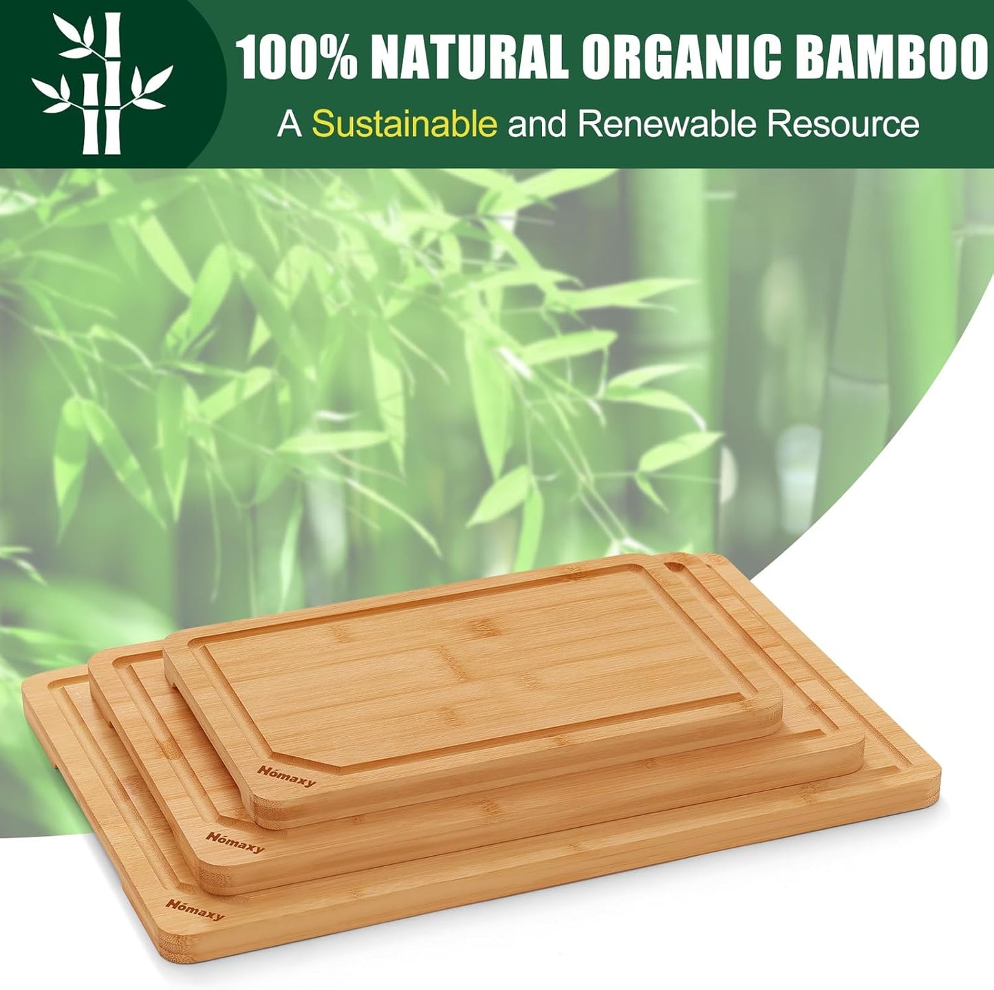 Homaxy Organic Bamboo Cutting Boards Set for Kitchen Set of 3, Wooden Cutting Board Set with Juice Groove and Handles, Charcuterie Serving Tray Wood Chopping Board Set for Meat Fruits & Vegetables