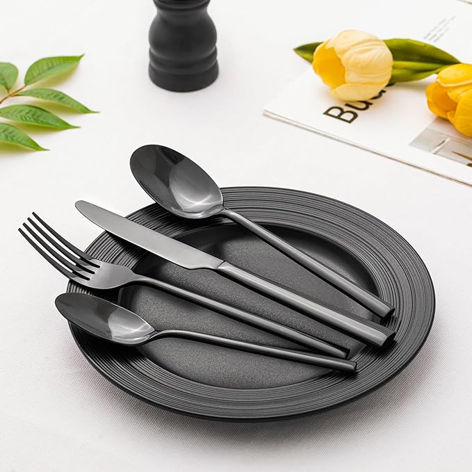 KINGSTONE Black Silverware Set, 60-Piece Forged Flatware Set Cutlery Set Premium Stainless Steel, Service for 12, for Kitchen, Home, Wedding, Party, Mirror Polished and Dishwasher Safe