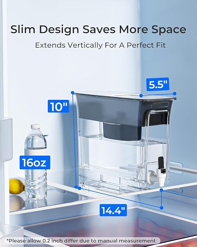 Waterdrop 35-Cup Slim Water Filter Dispenser, Large Capacity Water Filter Pitcher, 200-Gallon Long-Life, 5X Lifetime, Reduces Chlorine, PFOA/PFOS and More, BPA Free, Black (with 1 Filter)