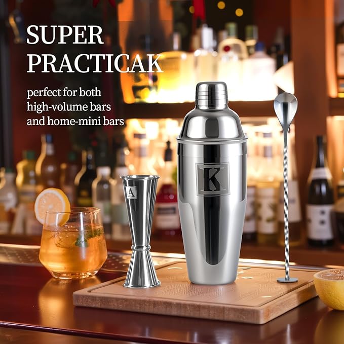 24oz Cocktail Shaker Set with 1 oz 2oz Jigger - Monogramm Initials Martini Shaker Set - 304 Stainless Steel Bar Shaker for Margarita,Mojito-Personalized Gift for Friend,Husband-N