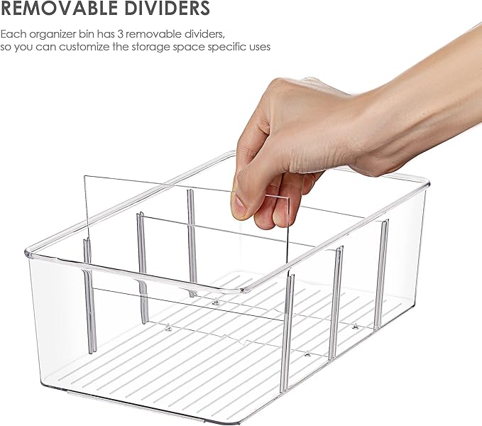 Vtopmart 10 Pack Food Storage Organizer Bins, Clear Plastic Bins for Pantry, Kitchen, Fridge, Cabinet Organization and Storage, 4 Compartment Holder Packets, Snacks, Pouches, Spice Packets