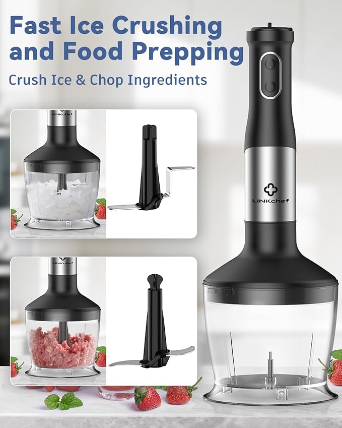 LINKChef 7-in-1 Immersion Blender, 800W Hand Blender with 20 Speeds and Turbo, Scratch-Resistant Guard, 2 Titanium Blades, Whisk, Milk Frother, Food Chopper, Beaker for Soup, Smoothies, Baby Food